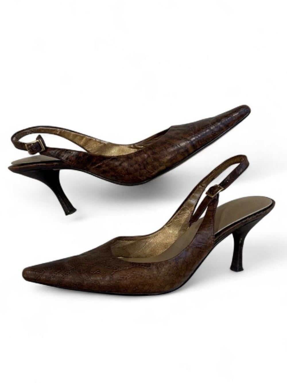 Brown Vintage Leather Pointy Toe Slip On Kitten Heels